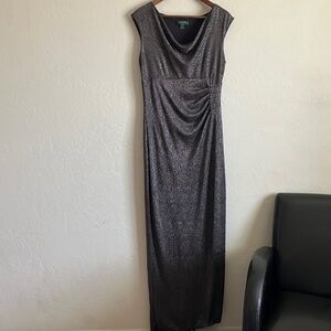 Lauren Ralph Lauren Black Maxi Dress 10 Formal Gown Cowl Neck Glitter FLAW